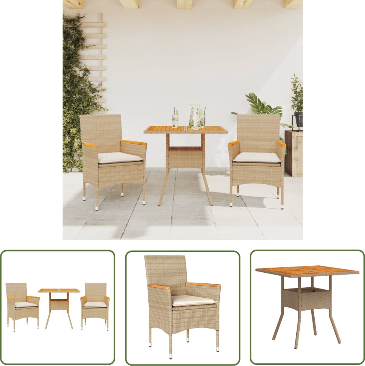 The Living Store 3-delige Tuinset met kussens poly rattan en acaciahout beige - Tuinset - Buis Meubel - Lounge Set - Eetkamerset - Patio Set