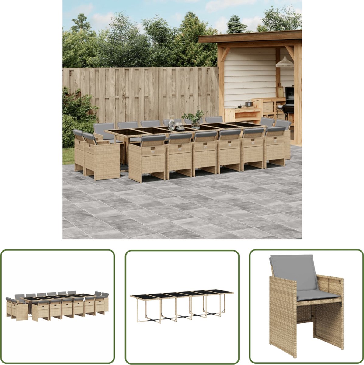 The Living Store 17-delige Tuinset met kussens poly rattan gemengd beige - Tuinsets - PE-rattan - Buitendecoratie - Lounge Set - Eetkamerset