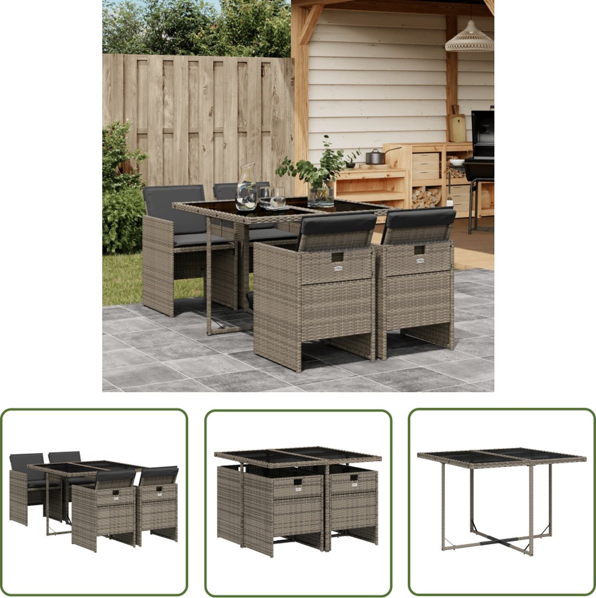 The Living Store 5-delige Tuinset met kussens poly rattan grijs - Tuinset - Loungeset - Buitendecoratie - PE-rattan - Outdoor Furniture