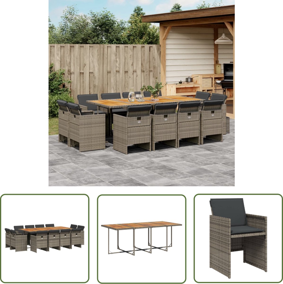 Tuinset met grijze poly rattan kussens en 13-delige set - Buitendecoratie.