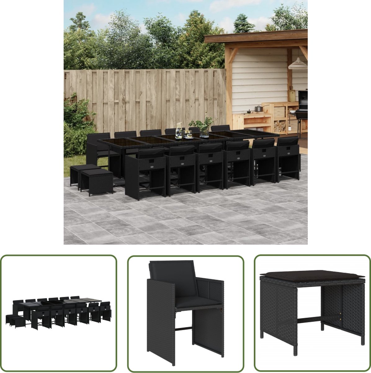 The Living Store 17-delige Tuinset met kussens poly rattan zwart - Tuinmeubels - Eetkamer Set - Buitentafels - Lounge Set - Patio Set