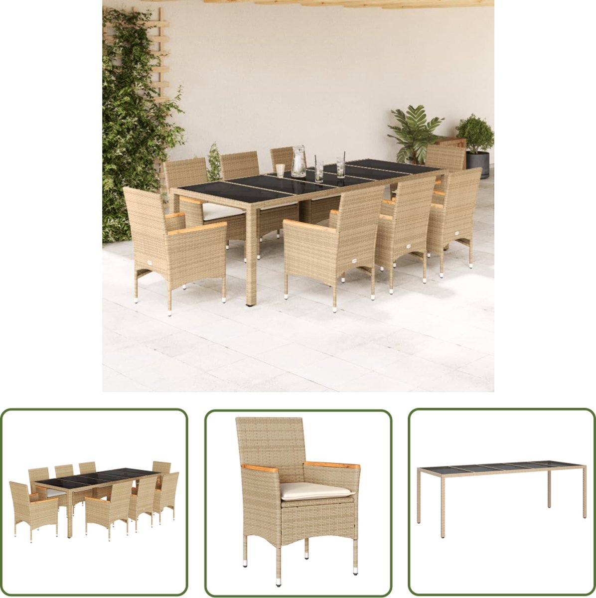 Poly rattan tuinset met beige kussens en glazen tafelblad - The Living Store.
