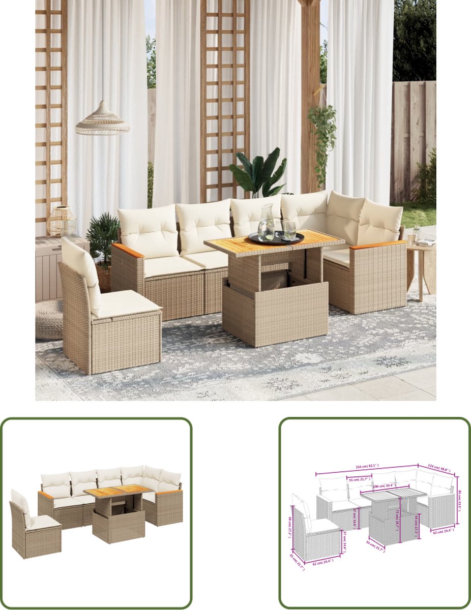 The Living Store 7-delige Loungeset met kussens poly rattan beige - Loungebank - Lounge Set - Tuinset - Buitendecoratie - Tuinlounge