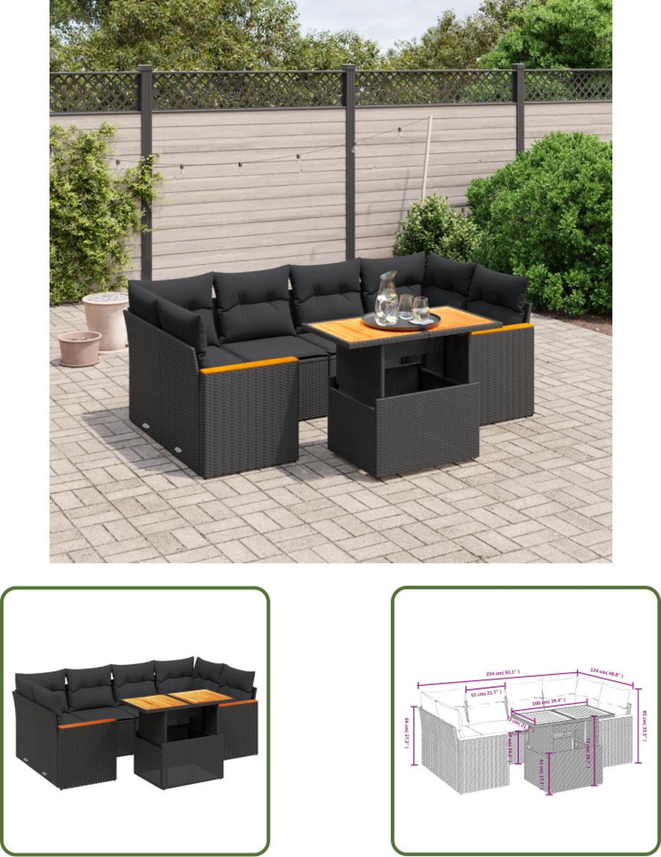 Zwarte poly rattan loungeset met kussens voor tuin en terras.