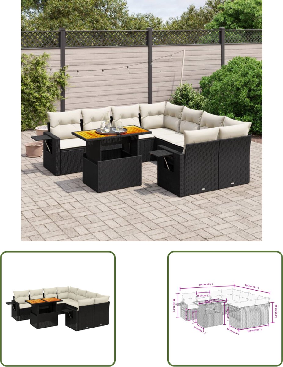 Zwarte poly rattan loungeset met kussens voor tuinmeubels en buitendecoratie.