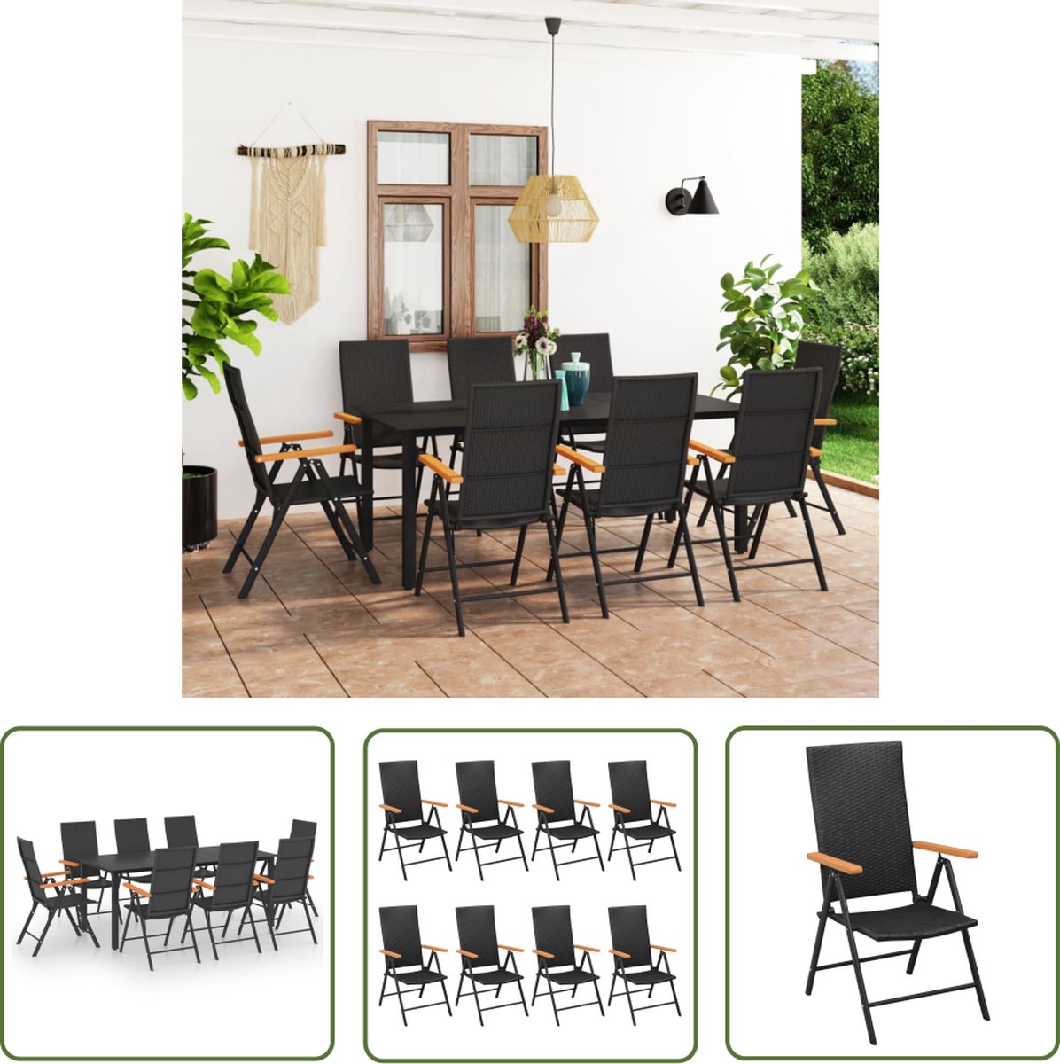 The Living Store 9-delige Tuinset zwart en bruin - Tuinmeubleset - Lounge Set - Buis Meubilair - Eetkamerset - Outdoor Furniture