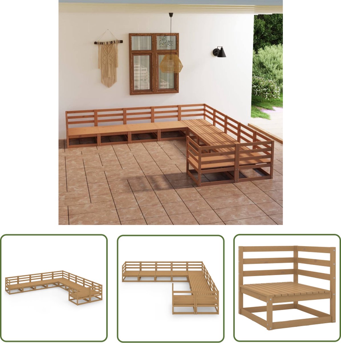 The Living Store 10-delige Loungeset massief grenenhout - Tuinstoel - Lounge Set - Houten Bank - Buitendecoratie - Patio Furniture