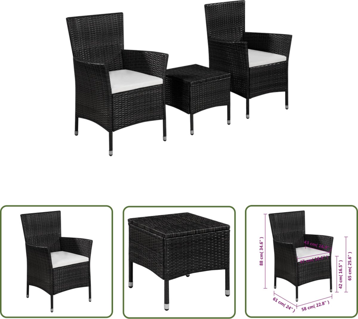 Zwarte poly rattan bistroset voor buiten - Tuinmeubilair met stijlvol design.