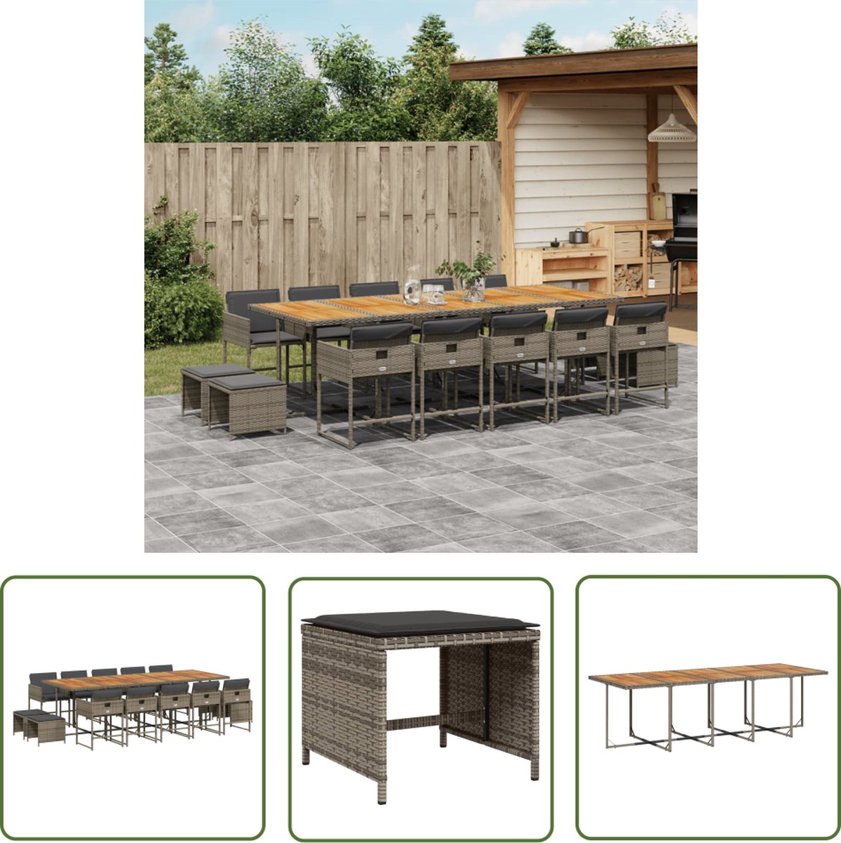The Living Store 15-delige Tuinset met kussens poly rattan grijs - Tuinset - Buitentijd - Lounge Set - Eetkamerset - Veranda