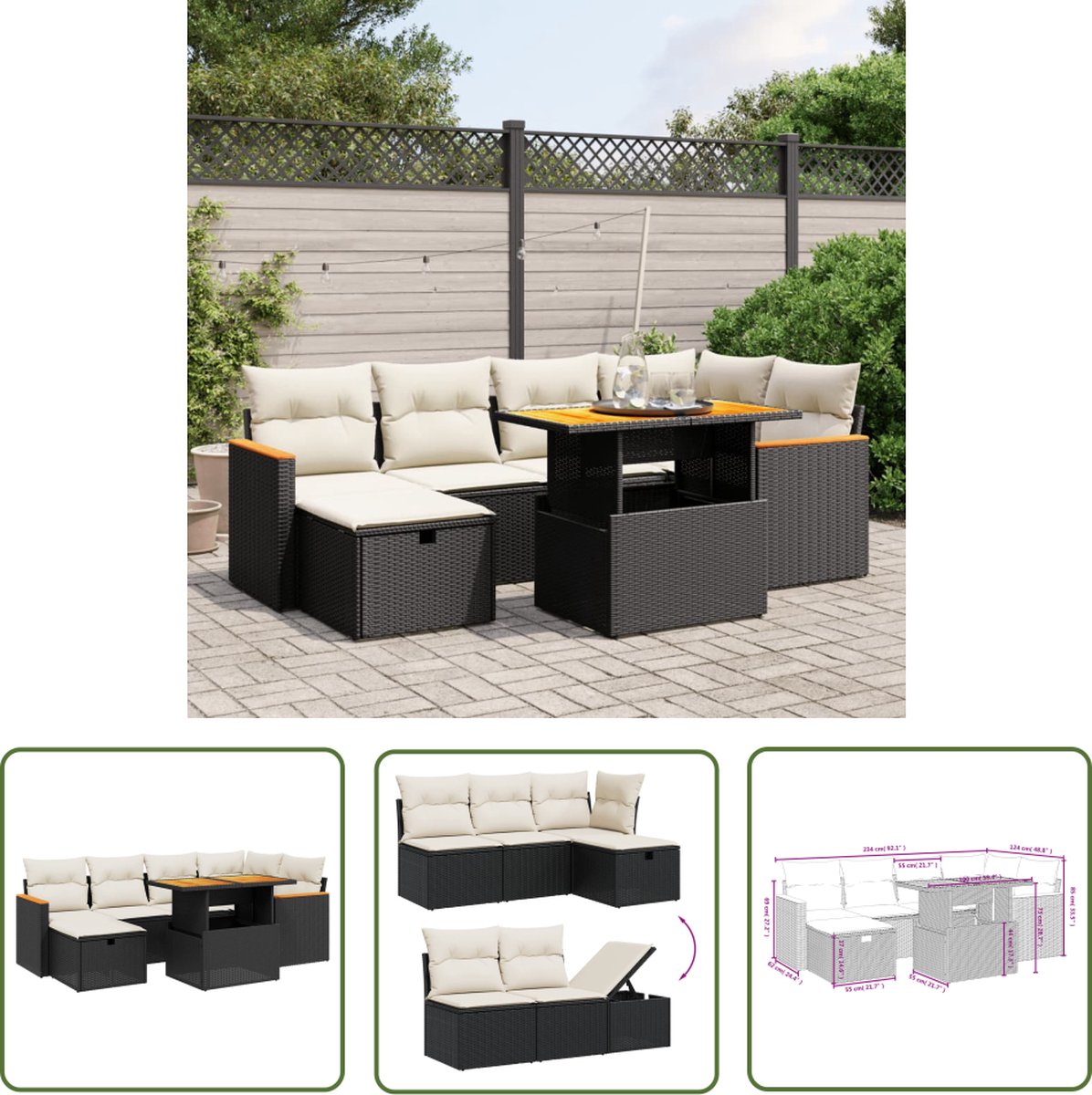 Zwarte poly rattan loungeset met kussens voor buiten - Tuinmeubelen met Teak-details