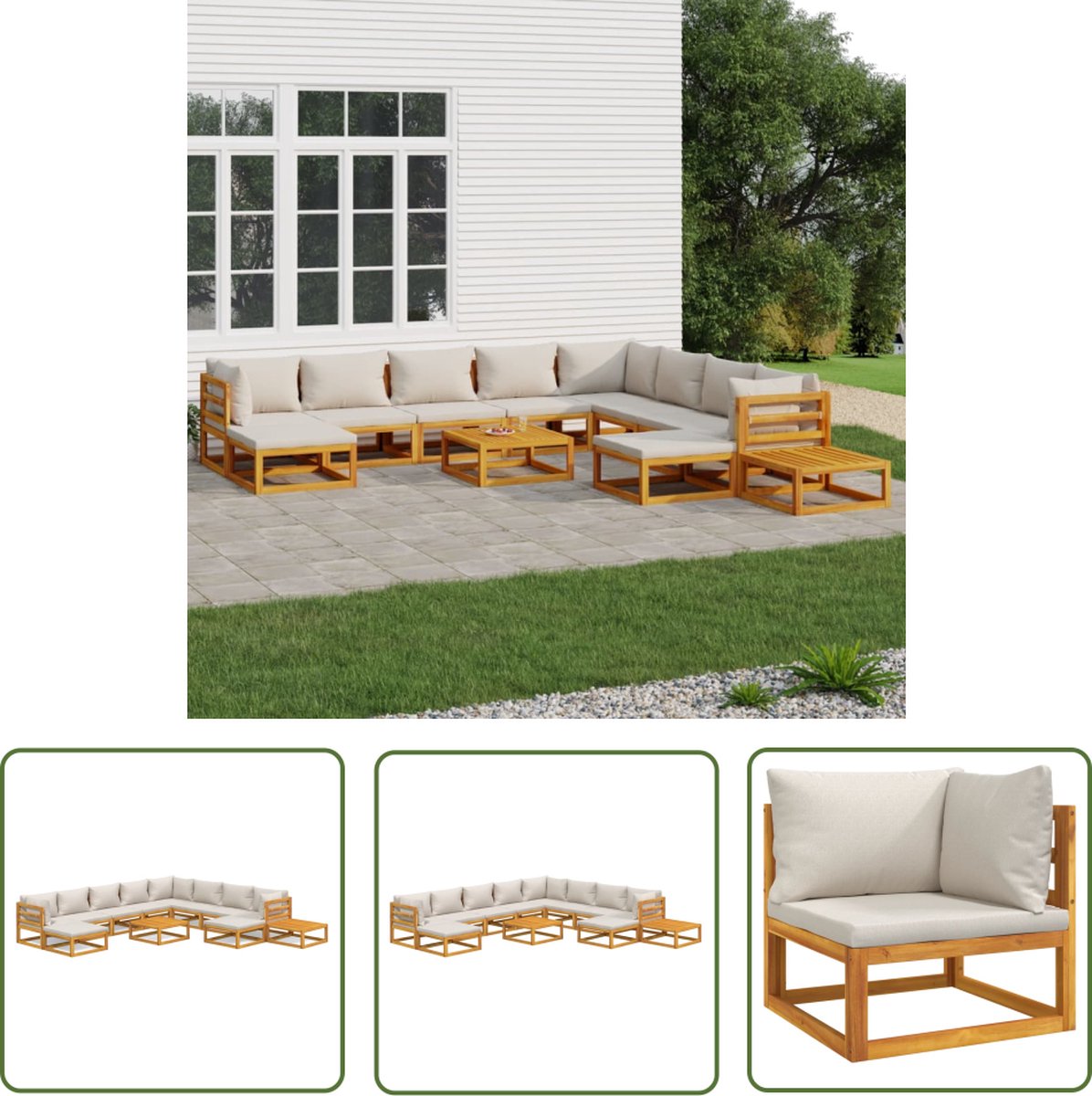 12-delige loungeset met lichtgrijze kussens van massief acaciahout - outdoor tuinmeubilair.