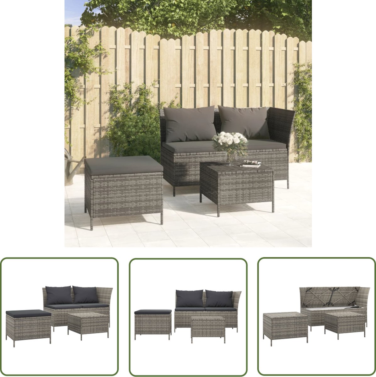 The Living Store 3-delige Loungeset met kussens poly rattan grijs - Loungeset - Tuinset - Lounge Bank - Hoekbank - Buitendrank