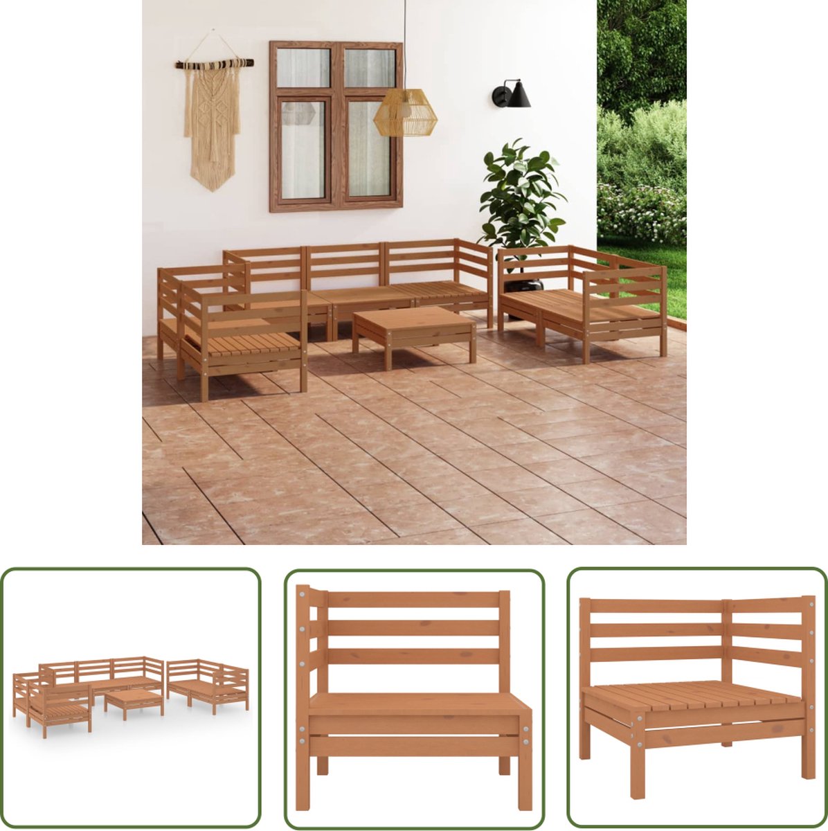 The Living Store 8-delige Loungeset massief grenenhout honingbruin - Tuin Lounge Set - Loungegroep - Houten Lounge Set - Grenenhouten Lounge Set - Buitendiner