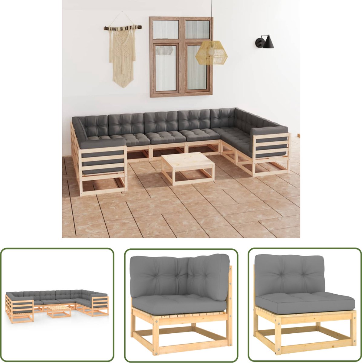 The Living Store 10-delige Loungeset met kussens massief grenenhout - Tuin Lounge Set - Houten Loungestoel - Grenenhout Bank - Buis Stoffen Kussens - Outdoor Furniture
