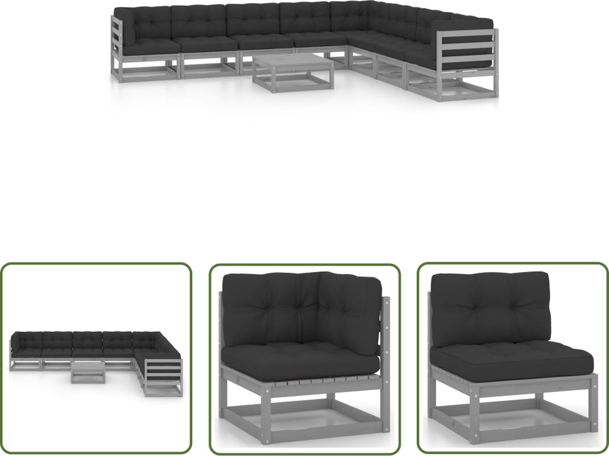 The Living Store 9-delige Loungeset met kussens massief grenenhout grijs - Loungestoel - Lounge Set - Tuinset - Houten Loungebank - Buitentuinmeubilair