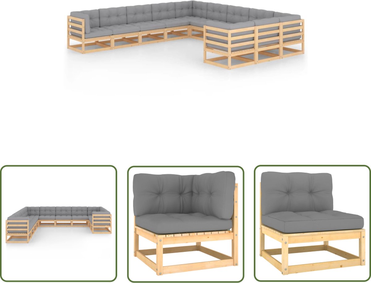 The Living Store 11-delige Loungeset met kussens massief grenenhout - Tuinmeubels - Lounge Set - Grenenhout - Grijze Kussens - Buitendecor