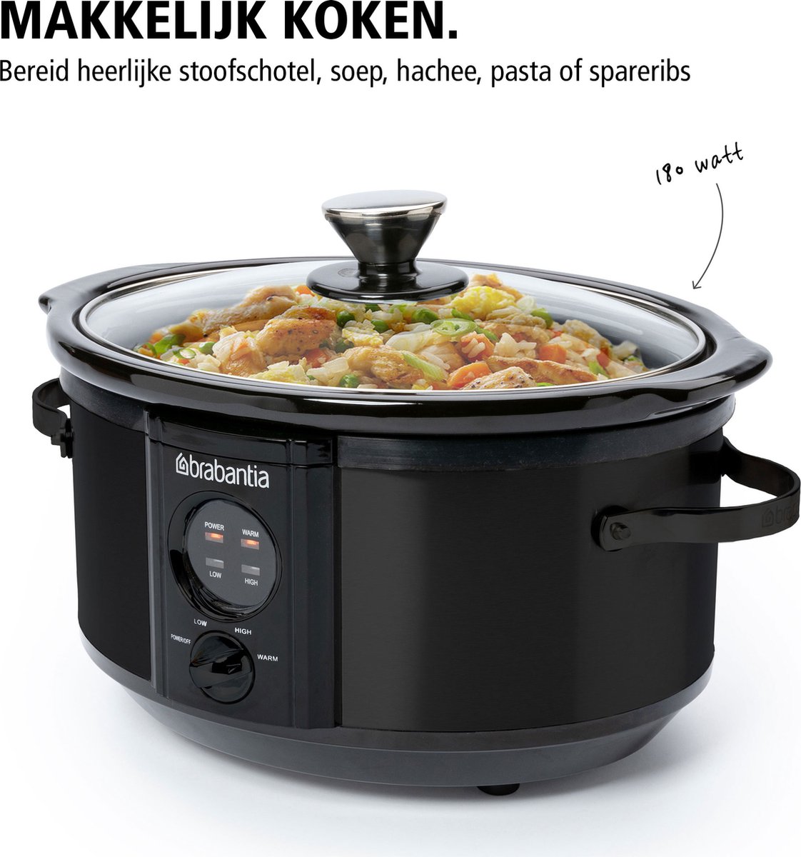 Brabantia BBEK1081MB Slowcooker - 3.5 Liter - 180 Watt - Warmhoudfunctie - Keramische Binnenpan - Zwart – foto 5