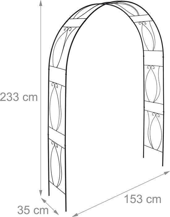 Relaxdays rozenboog metaal, ronde plantenboog tuin, HxBxD: 227 x 114 x 37 cm, stabiele tuinboog voor klimplanten, zwart
