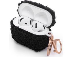 Casemania Hoesje Geschikt voor Apple AirPods 4 - Zwart - Schokbestendig Teddy Furr Cover met Ring & Sleutelhanger