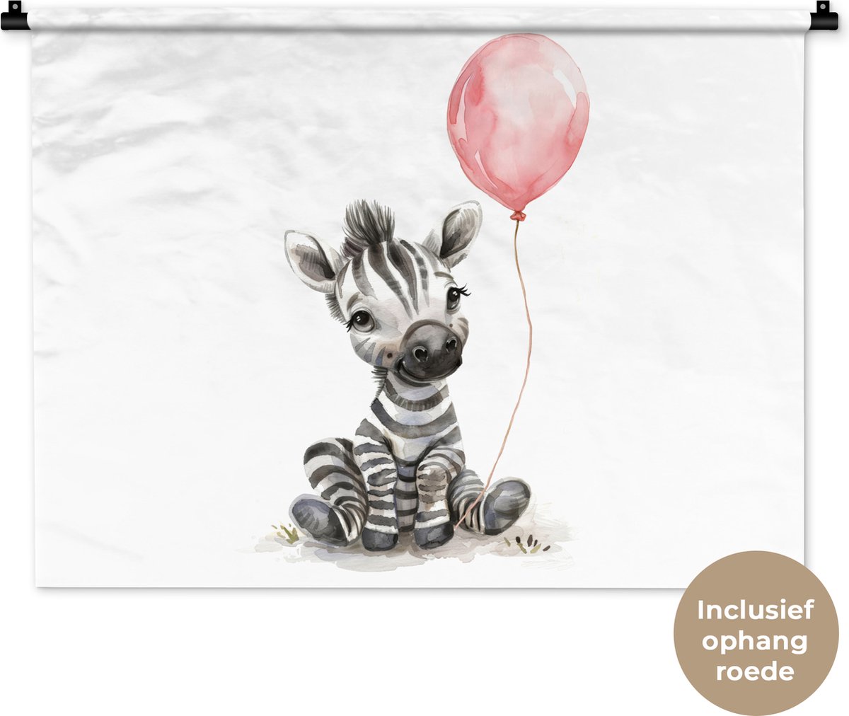 Wandkleed 90x67.5 cm - Wanddoek Zebra - Baby - Dieren - Roze ballon - Wandtapijt - Wandkleden