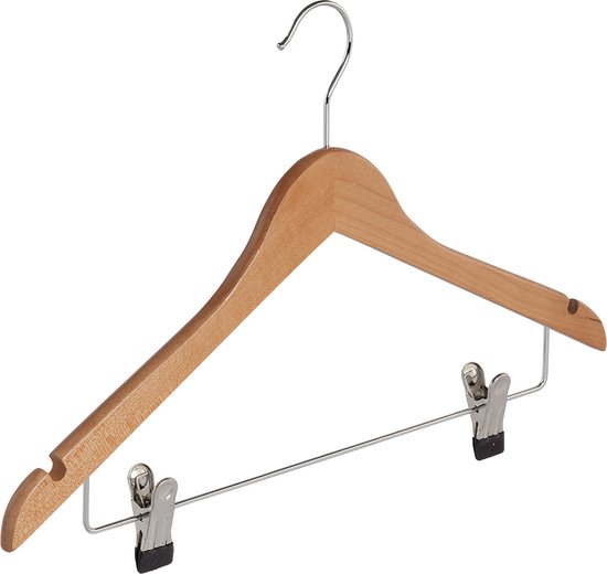 De Kledinghanger Gigant - 10 x Cintre chemisier / cintre chemise en bois de lotus laqué naturel avec encoches pour jupe et pinces antidérapantes, 44 cm