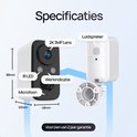 Specificaties van de witte Protectly beveiligingscamera: 2K 3MP lens, IR LED, werkindicatie, microfoon, luidspreker, 60x48x88mm.