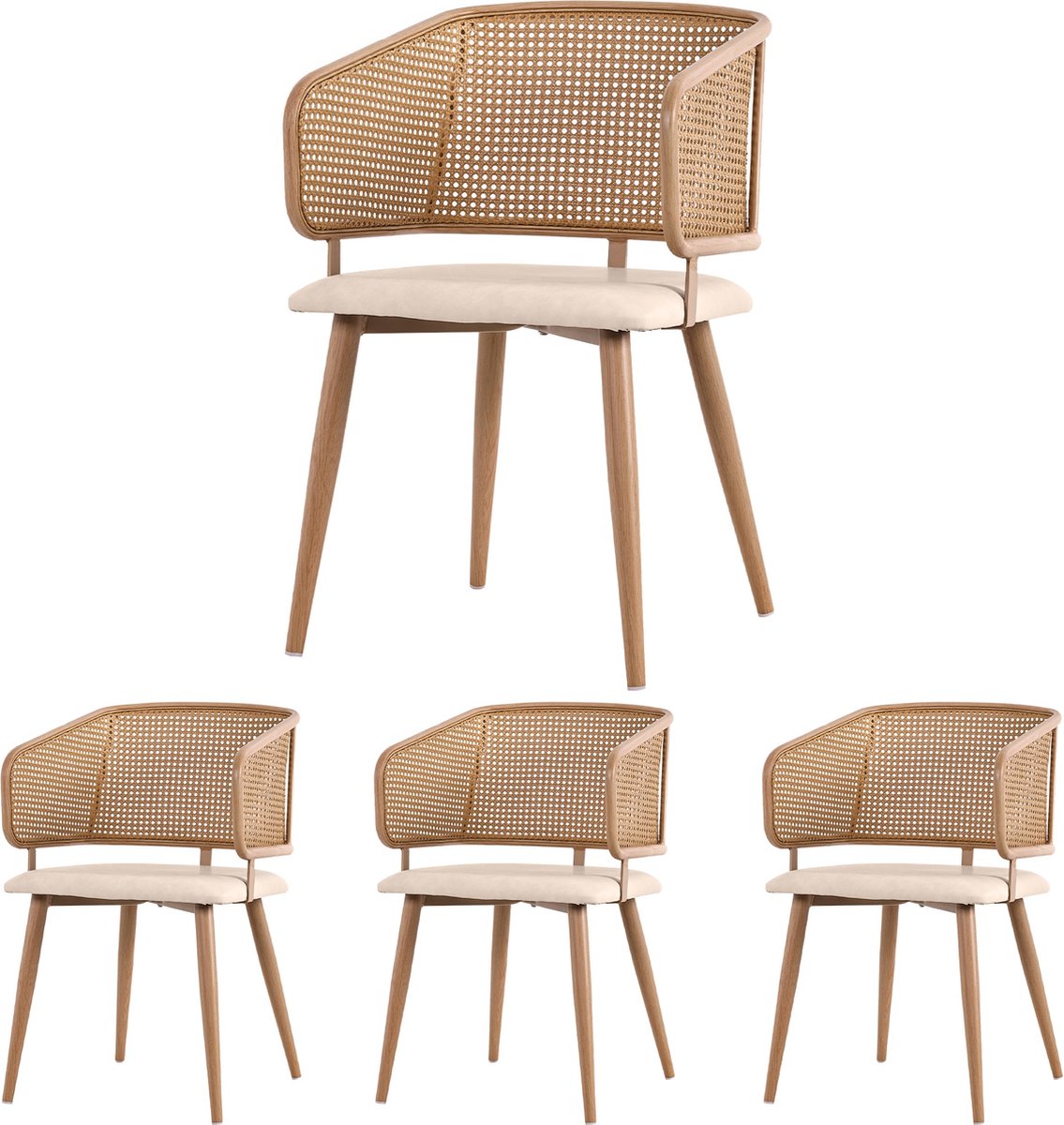 Merax Set van 4 Eetkamerstoelen met Rattan Rugleuning en Kunstleer Zitting – Modern en Stijlvol Ontwerp Beige