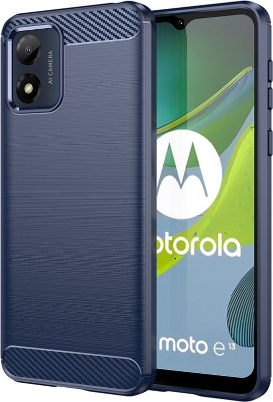 Coque Motorola Moto E13 - Coque en gel TPU MobyDefend - Métal brossé + aspect carbone - Blauw - Coque pour téléphone portable - Housse de téléphone adaptée à : Motorola Moto E13