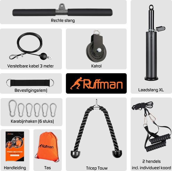 Fitness kabelsysteem – Thuis sporten met een XL kabel set – katrol – stang – triceps touw – home gym krachttraining station - lat pulley - Inclusief handleiding
