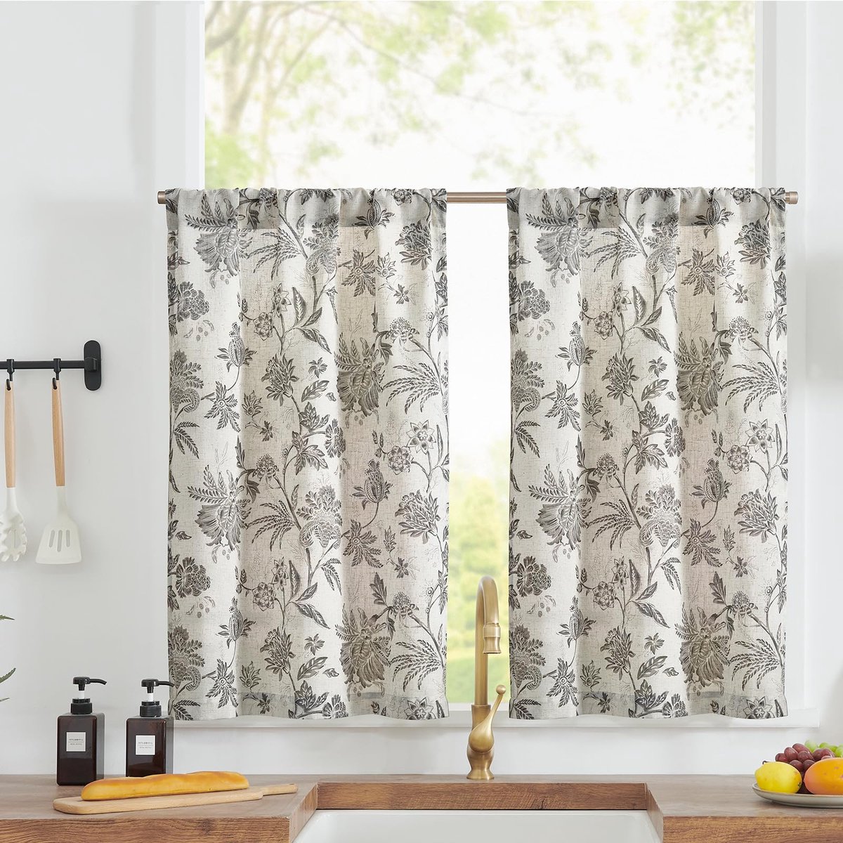 Goodivery ® Charmante Bloemenlinnen Korte Gordijnen voor Keuken en Woonruimtes, Set van 2