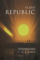 Boek 'Republic' van Plato, met een zonsondergang en twee figuren op een brug op de cover.