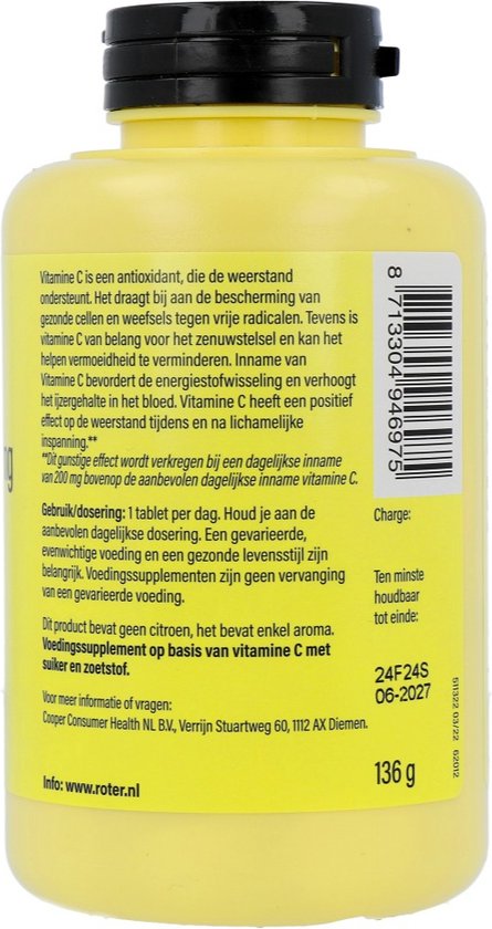 Roter Vitamine C 1000mg - Hoge dosering vitamine C ter ondersteuning van je weerstand - - 50 kauwtabletten met citroensmaak