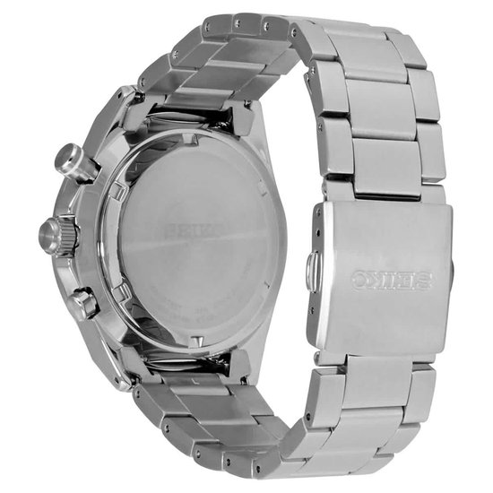 Zilverkleurig horloge met metalen band, zijkant aanzicht met chronograaf knoppen.