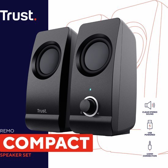 Trust Remo compacte zwarte speakerset. Met 3.5mm plug en USB-aansluiting. 16W piekvermogen.