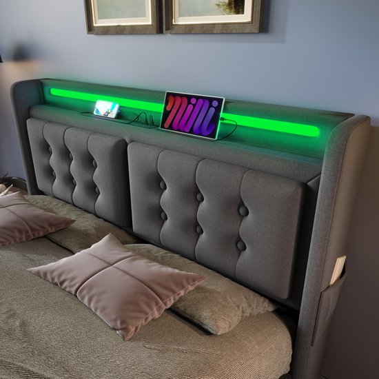 Lit double Merax 160x200 cm avec tête de lit LED et fonction de charge USB-C - Lit hydraulique avec sommier à lattes et espace de rangement - Matelas inclus - Grijs