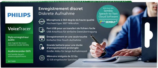Philips VoiceTracer audio pen verpakking met afbeelding van hand die schrijft.