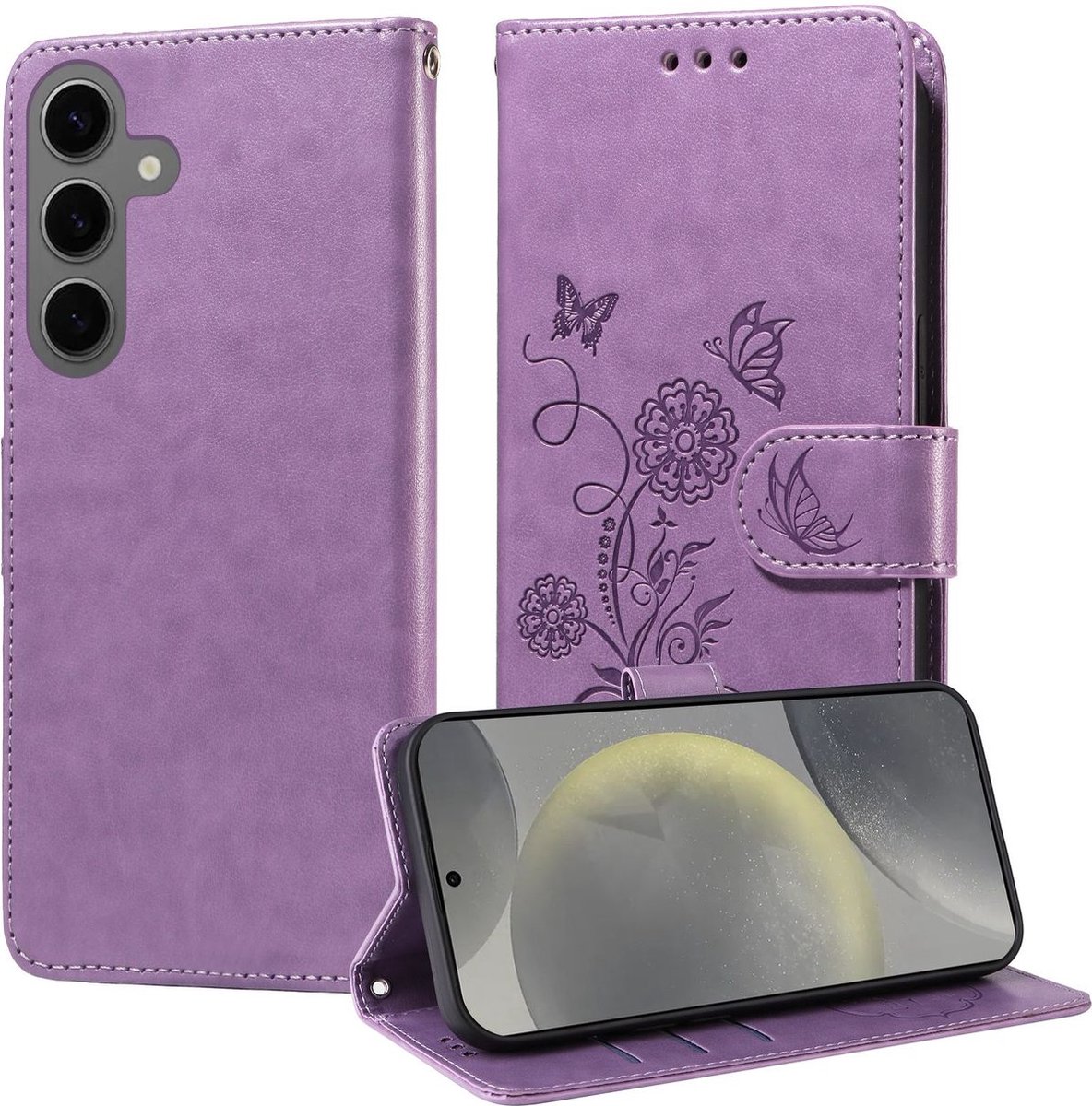 Mobigear Telefoonhoesje geschikt voor Samsung Galaxy S24 FE Hoesje | Mobigear Flowers Bookcase Portemonnee | Pasjeshouder voor 3 Pasjes | Telefoonhoesje voor Pinpas / OV Kaart / Rijbewijs - Paars