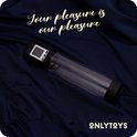 De Summit penispomp ligt op een donkerblauwe, satijnen stof. Bovenaan staat de tekst 'Your pleasure is our pleasure'.