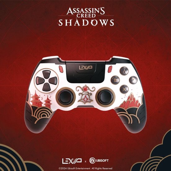 Witte en zwarte draadloze controller, Assassin's Creed Shadows design, rode tempels, gouden golven.
