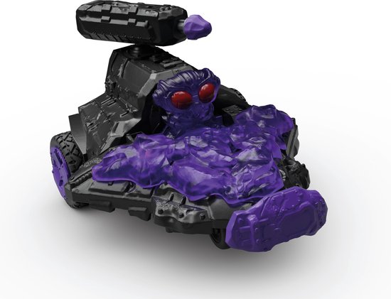 Zwart Schleich Eldrador speelgoedvoertuig met paarse, doorschijnende poot, rode ogen en paarse velgen.