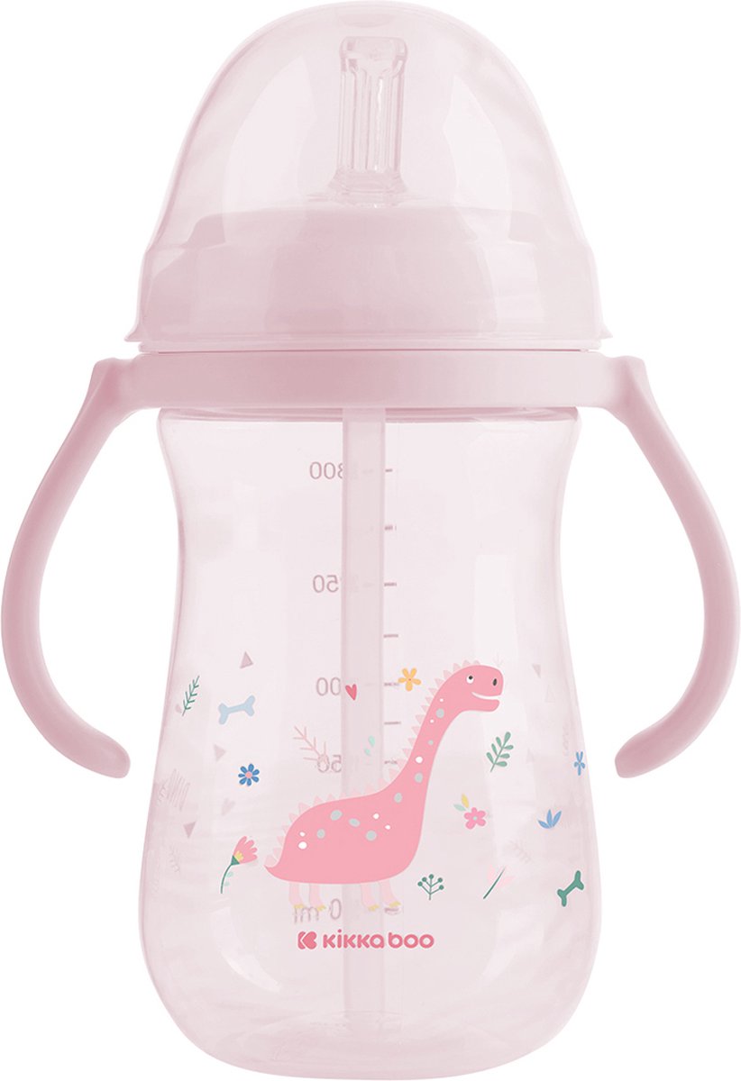 Kikkaboo Dino Wereld Beker Met Siliconen Rietje - 300ml - Roze