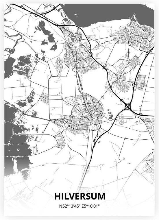 Hilversum plattegrond - A4 poster - Zwart witte stijl