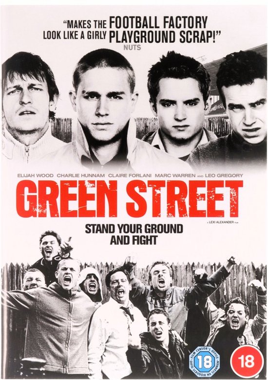Filmcover 'Green Street' met vijf mannenhoofden, waarvan de middelste de titel. Onder hen een menigte juichende mannen.