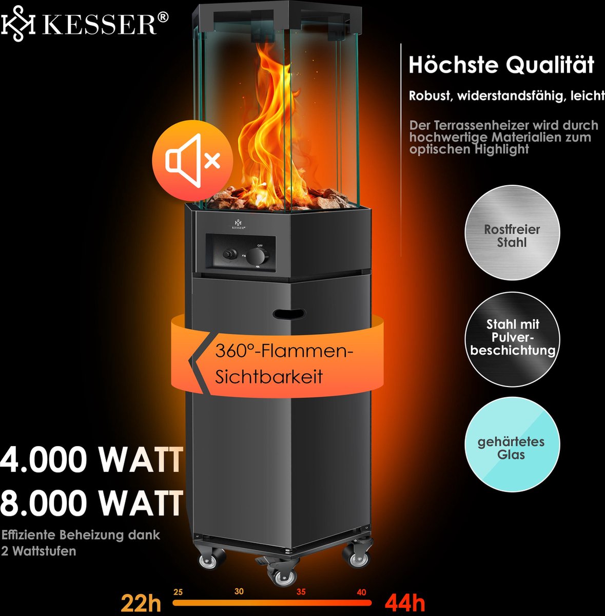 KESSER Terrasverwarmer Gas Staand - Paddenstoel Terrasheater RVS met Wielen en Beschermhoes, Buitenverwarming voor Terras en Tuin - Zwart – foto 8