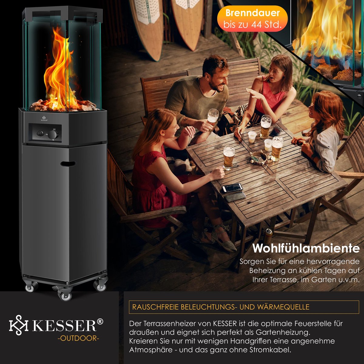 KESSER Terrasverwarmer Gas Staand - Paddenstoel Terrasheater RVS met Wielen en Beschermhoes, Buitenverwarming voor Terras en Tuin - Zwart – foto 7