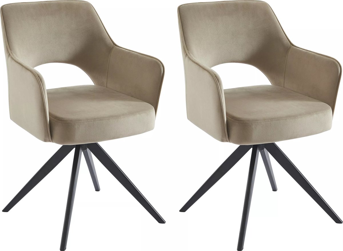 Vente-unique Set van 2 draaibare stoelen met armleuningen van fluweel en zwart metaal - Beige - KONYA