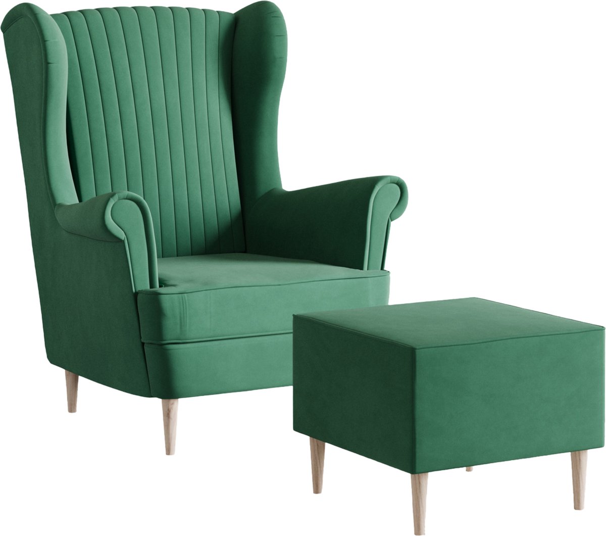 Ohrensessel, fauteuil van fluweel, stoel, zitmeubel, gestoffeerde fauteuil, relaxfauteuil - Fauteuil Comfy met Hocker - Groen (Manila 35)