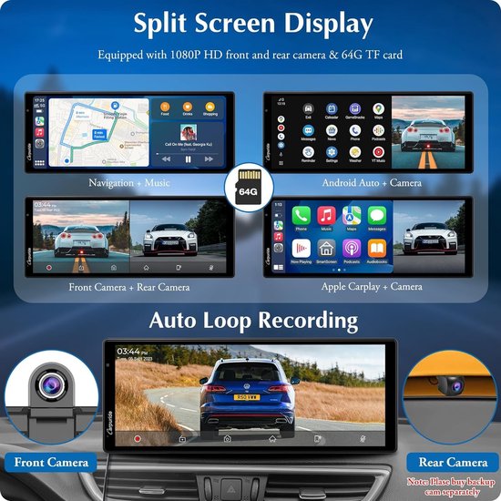 Carpuride Tragbares Kabelloses Carplay und Android Auto mit Dashcam W125A 11 ,26 Zoll HD IPS Bildschirm, 4K Frontkamera 1080P Rückkamera, Loop Aufnahme, Bluetooth Audio, GPS, Siri, Musik
