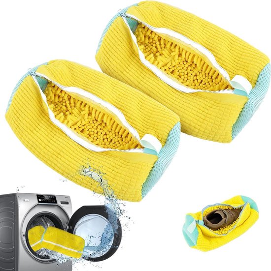 71Nmly Schoen wasmachine tas, trainer wasmachine tas, herbruikbare wasschoen tas met rits, diepe 360° reiniging, geel, chenille, rechthoekig, 44 cm x 22 cm, schoenen wasmachine tas