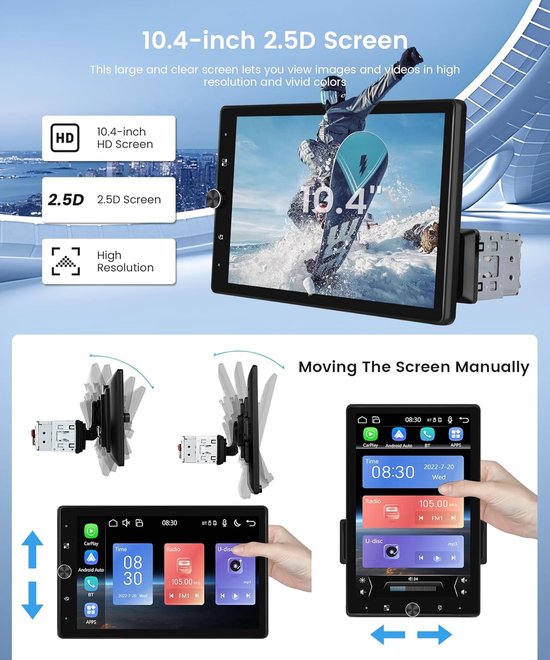 Rimoody Draadloze Carplay Autoradio 1 Din, 5,1 inch HD Touchscreen, Bluetooth Mirror Link, FM/AM/RDS/EQ/AUX/TF/U-disc, Stuurbediening, Achteruitrijcamera